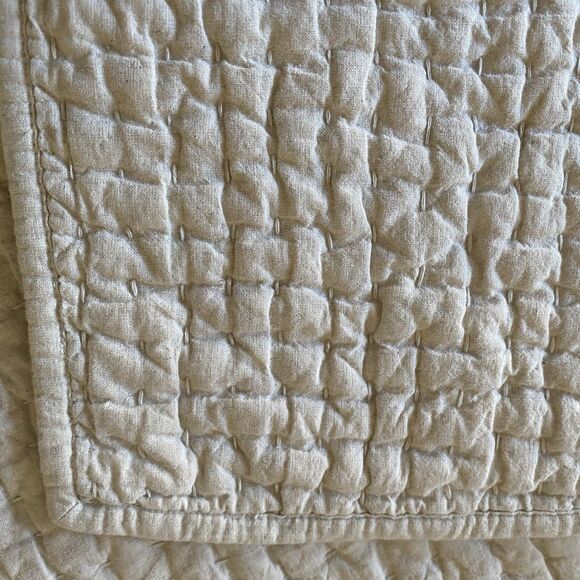 Pottery Barn Queen Quilt 94x92" Ivory Pickstitch Kantha Stitched Cotton - Picture 6 of 7